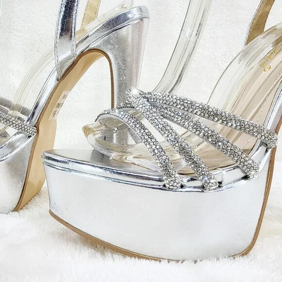 NIB City Nites Silver Platform 6" High Heels Ankle Wrap Shoes Sparkling Rhinest - Picture 8 of 10